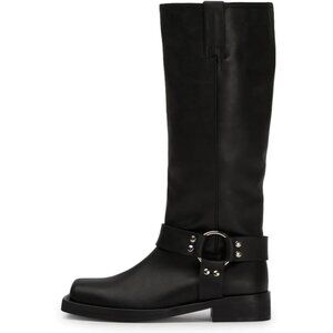 Caradise Women Black Knee High Square Toe Pull On Flat Motorcycle Comfort Boots